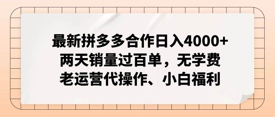 最新拼多多合作日入4000+两天销量过百单，无学费、老运营代操作、小白福利-选优云网创