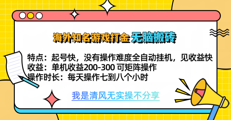 知名游戏打金，无脑搬砖单机收益200-300+  即做！即赚！当天见收益！-选优云网创